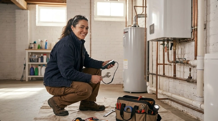 Plumber using a digital meter to test black iron gas piping connections and pressure.