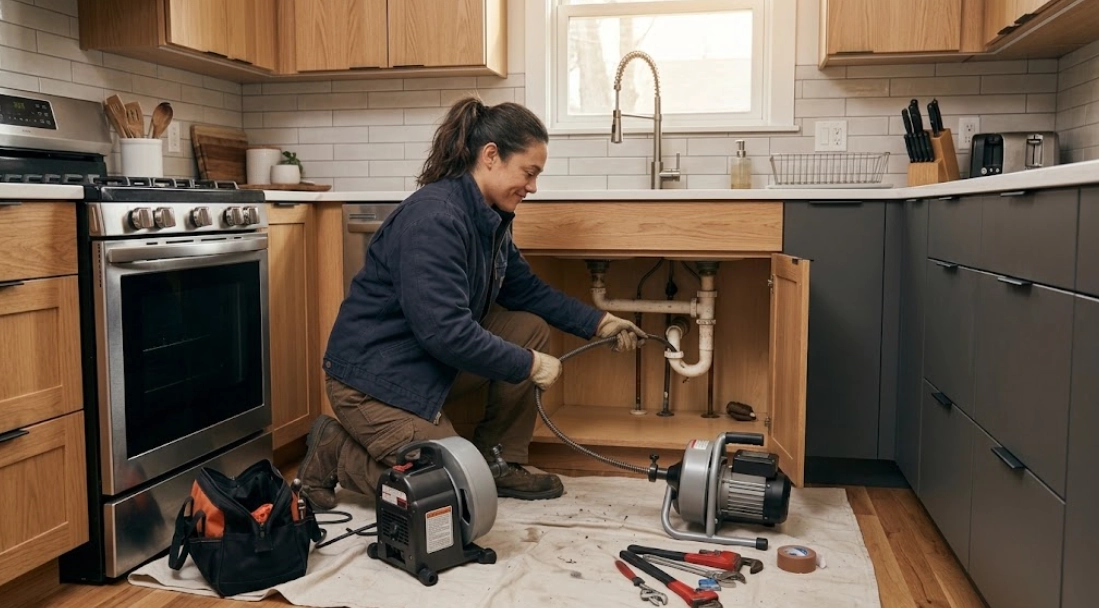 Plumber clearing a clogged kitchen sink drain using professional motorized snake equipment.